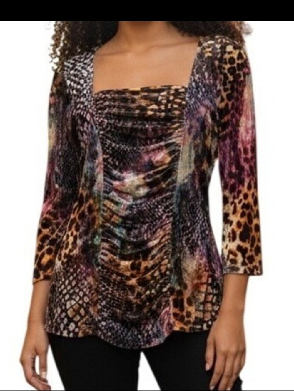 Boston Proper Medium Top Animal Snake Leopard Print Ruched Velvet Long Sleeve